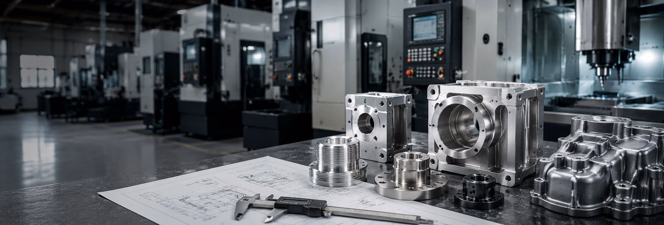 atelier CNC avec pièces usinées sur plan et contrôle dimensionnel
