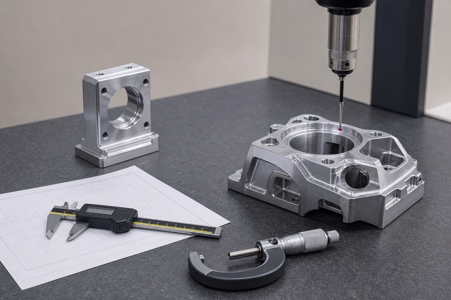 contrôle dimensionnel usinage CNC avec micromètre et rapport d'inspection